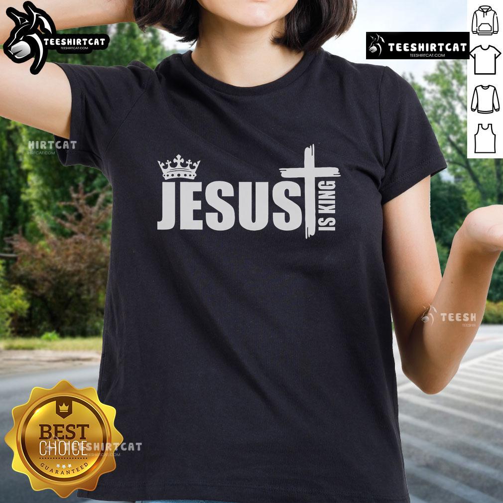 Nice Jesus Is King simple crown logo on a ladies tee shirt, perfect for faith-inspired fashion.