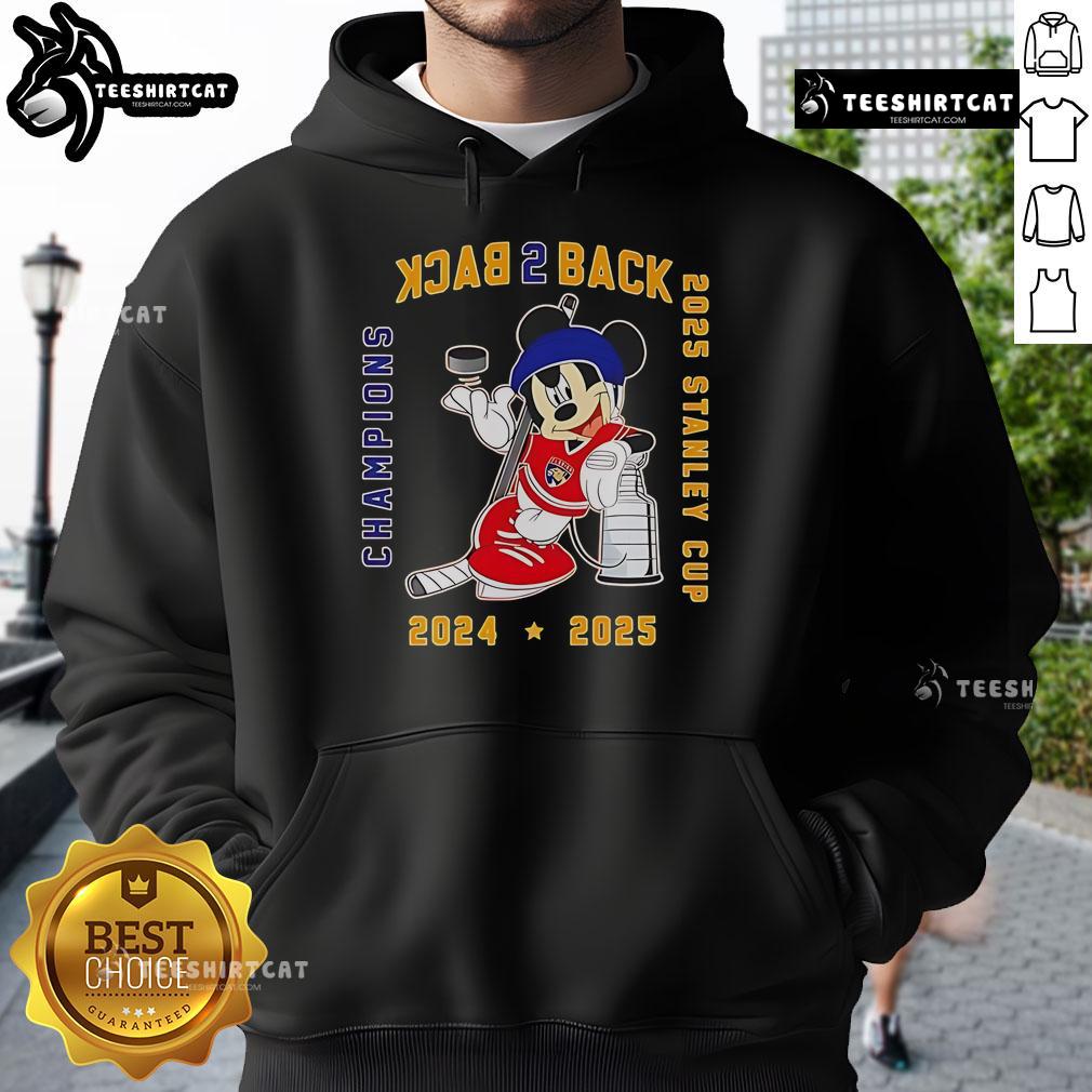 Florida Panthers back-to-back 2025 Stanley Cup Champions hoodie featuring Mickey Mouse design, perfect for fans.