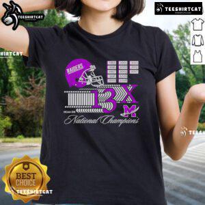 Alt Text: Nice Mount Union Purple Raiders 13x NCAA DIII National Champions helmet logo on a ladies tee shirt.
