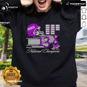 Alt Text: Mount Union Purple Raiders NCAA DIII National Champions helmet logo sweatshirt - 13x championship design.
