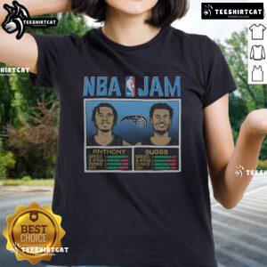 Nice NBA Jam Magic Anthony and Suggs Ladies Tee featuring vibrant graphics of basketball stars for stylish fans.