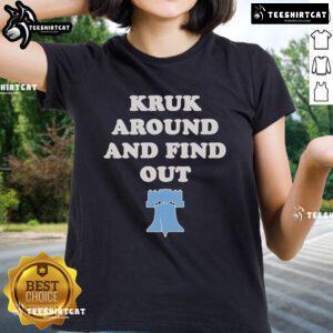 Stylish Philadelphia Phillies Kruk Around And Find Out ladies tee in vibrant colors, perfect for baseball fans.