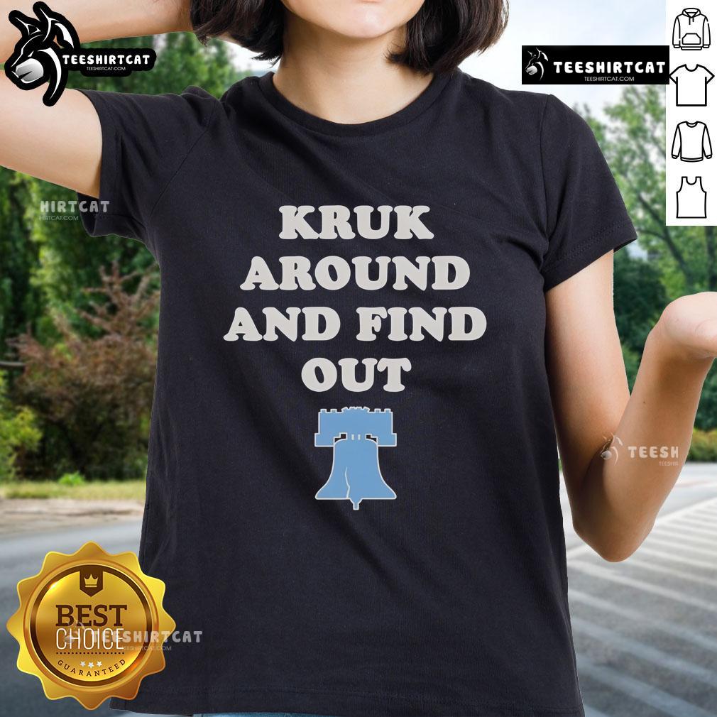 Stylish Philadelphia Phillies Kruk Around And Find Out ladies tee in vibrant colors, perfect for baseball fans.