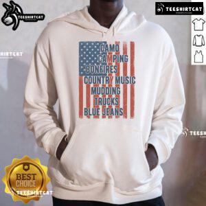 Patriotic USA flag camo hoodie for camping and bonfires, perfect for country music lovers and outdoor enthusiasts.