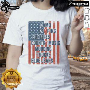Official American Life patriotic USA flag camo tee for ladies, perfect for camping, bonfires, and country music events.