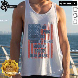 Official American Life patriotic USA flag camo tank top perfect for camping, bonfires, and country music events.