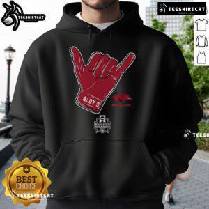 Official Arkansas Baseball Wehiwa Aloy CWS Shaka Hoodie featuring team logo and vibrant design for fans.