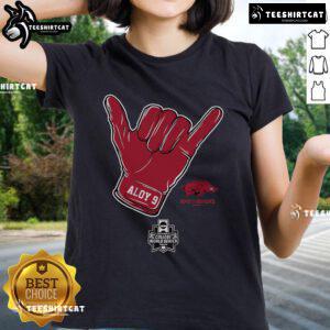 Alt Text: Official Arkansas Baseball Wehiwa Aloy CWS Shaka Ladies Tee featuring vibrant design and team spirit.