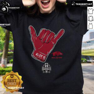 Official Arkansas Baseball Wehiwa Aloy CWS Shaka Sweatshirt featuring team colors and logo for fans and athletes.