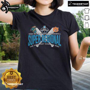 Official Auburn Tigers vs Coastal Carolina 2025 NCAA Baseball Super Regional Ladies Tee featuring team colors and logo.