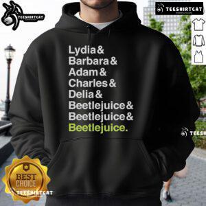 Official Beetlejuice hoodie featuring Lydia, Barbara, Adam, Charles, and Delia names in vibrant graphics.