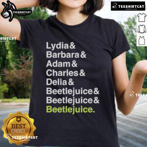 Official Beetlejuice Lydia, Barbara, Adam, Charles, and Delia names tee featuring iconic characters from the classic film.
