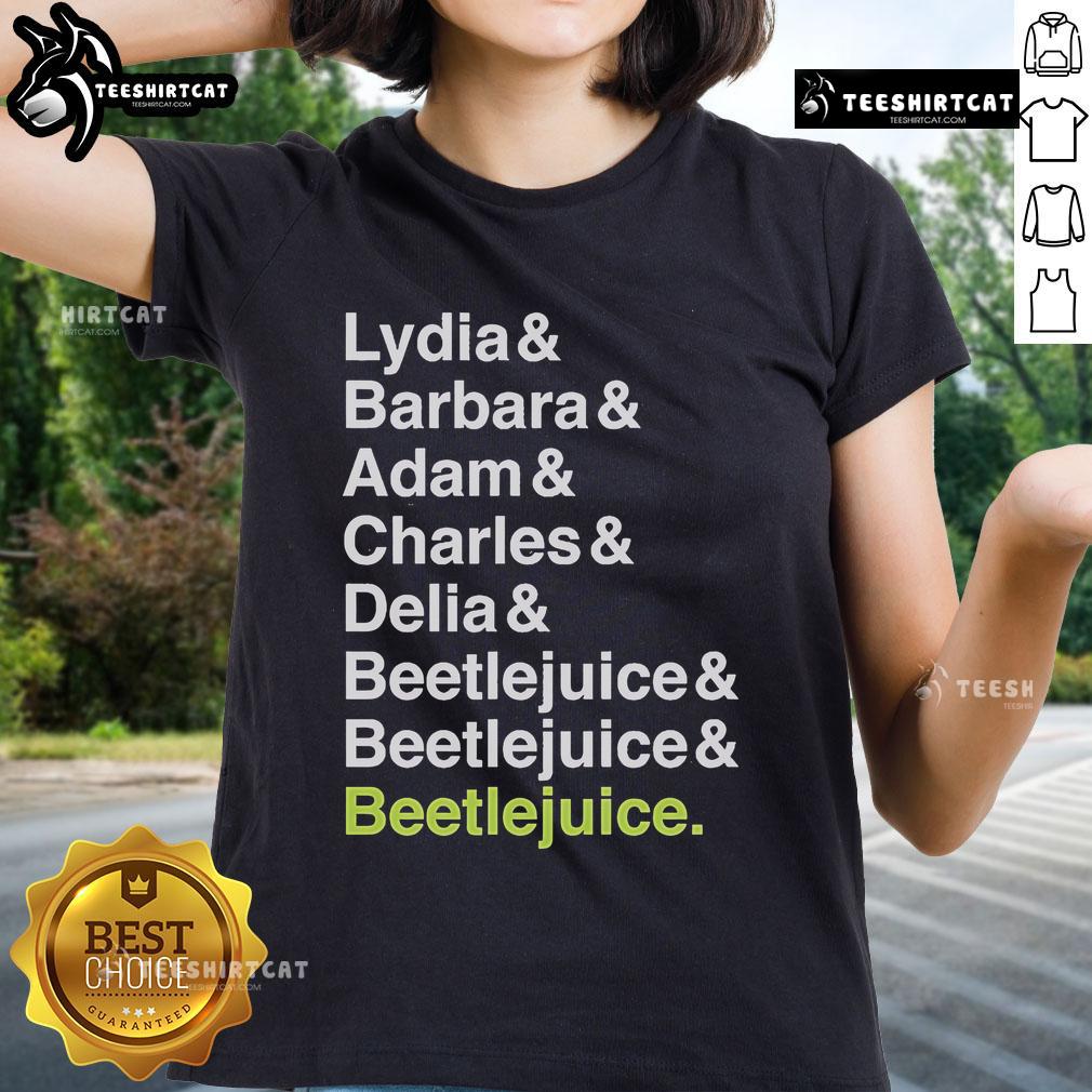 Official Beetlejuice Lydia, Barbara, Adam, Charles, and Delia names tee featuring iconic characters from the classic film.