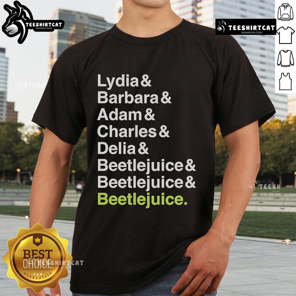 Official Beetlejuice T-shirt featuring Lydia, Barbara, Adam, Charles, and Delia names in colorful, stylish design.