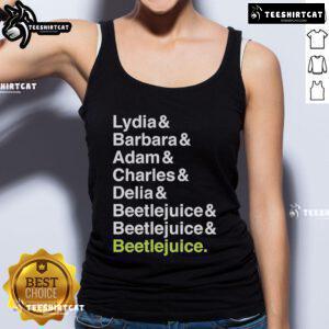 Official Beetlejuice tank top featuring Lydia, Barbara, Adam, Charles, and Delia names in vibrant design.