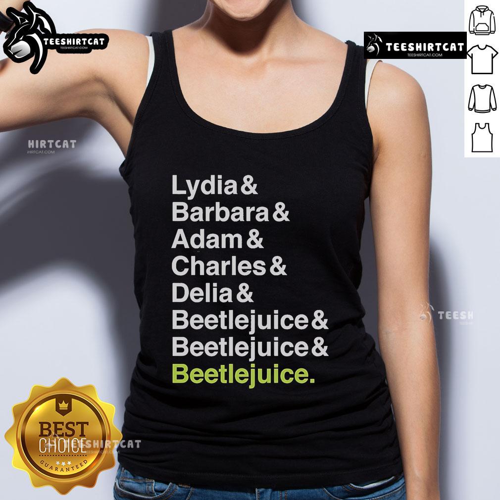 Official Beetlejuice tank top featuring Lydia, Barbara, Adam, Charles, and Delia names in vibrant design.