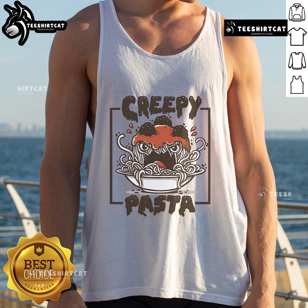 Official Creepy Pasta Funny Pasta tank top featuring a humorous design, perfect for fans of quirky horror-themed apparel.