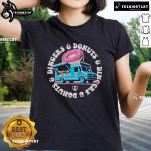 Official Donut Truck Dingers and Donuts ladies tee featuring a colorful graphic design, perfect for donut lovers.