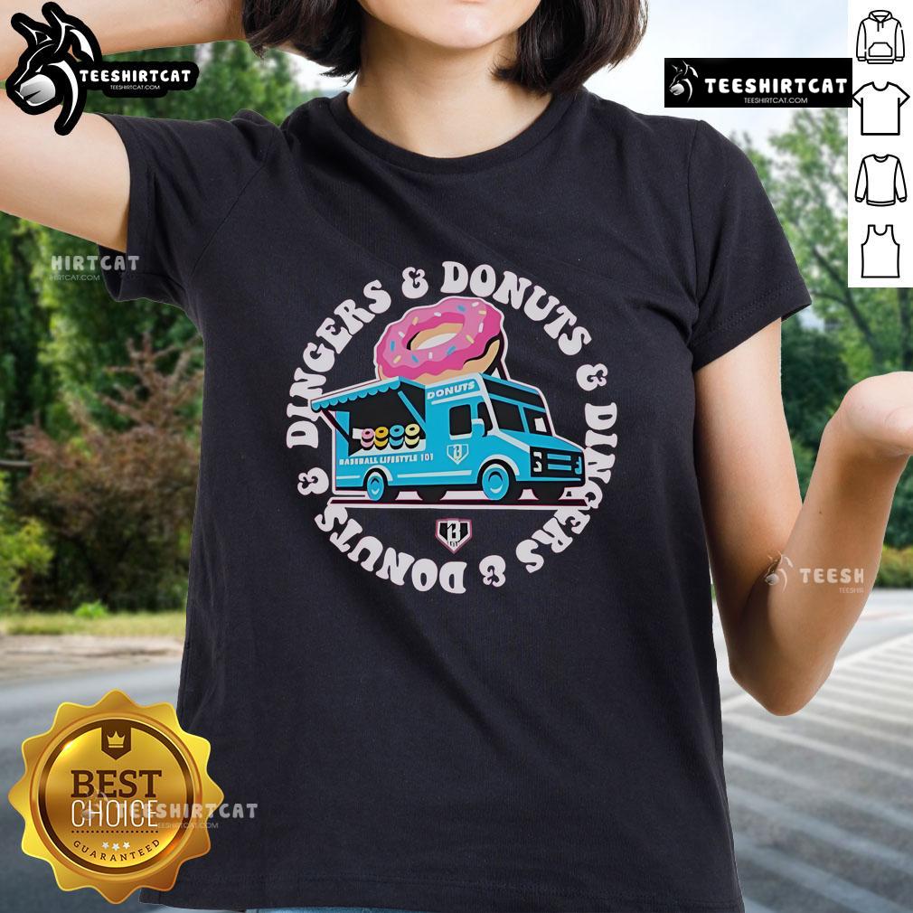 Official Donut Truck Dingers and Donuts ladies tee featuring a colorful graphic design, perfect for donut lovers.