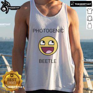 Photogenic beetle wearing an official face smiley meme tank top, showcasing a fun and quirky fashion statement.