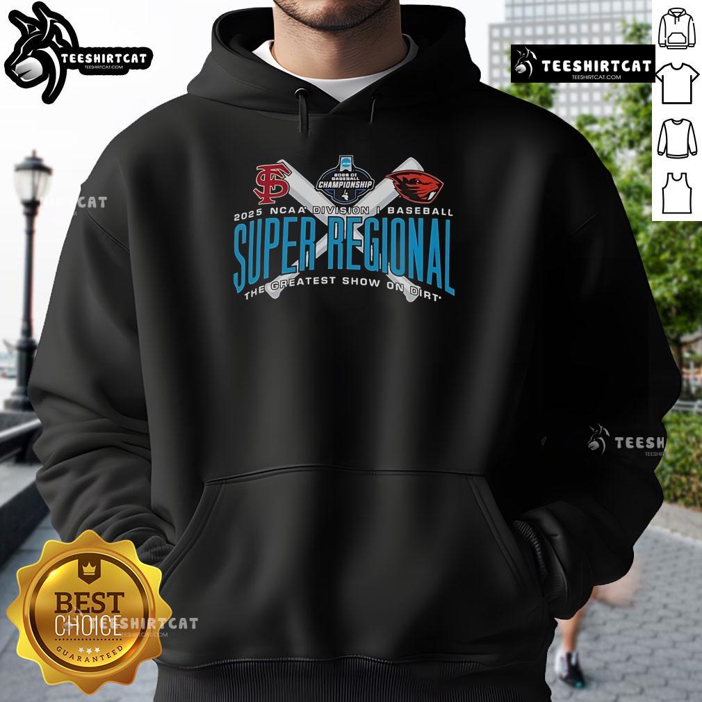 Official Florida State Seminoles vs Oregon State Beavers 2025 DI Baseball Super Regional Hoodie featuring team logos.