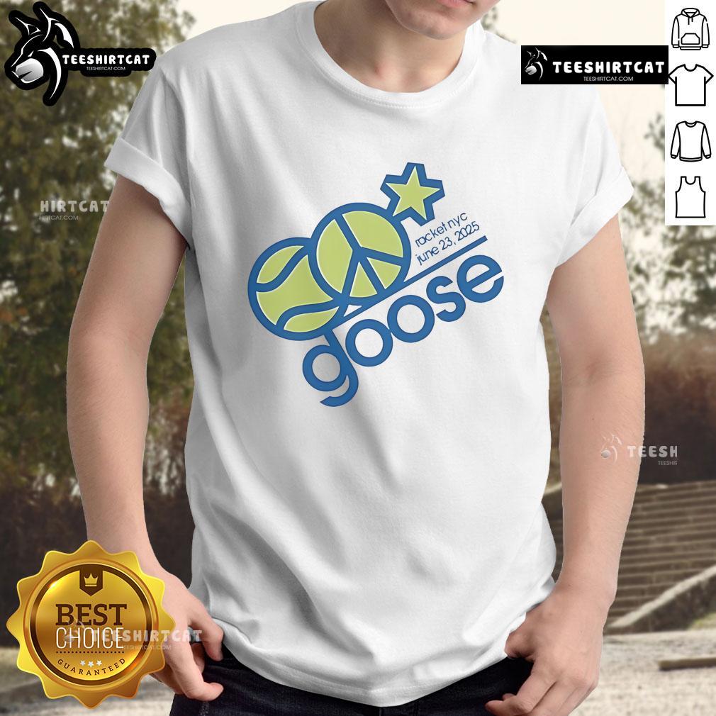Alt Text: Official Goose Racket NYC June 23 2025 T-Shirt featuring vibrant design and event details for fans.