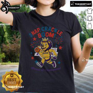 Official Los Angeles Lakers Snap Crackle Boom Independence Day Ladies Tee showcasing team colors and logo.