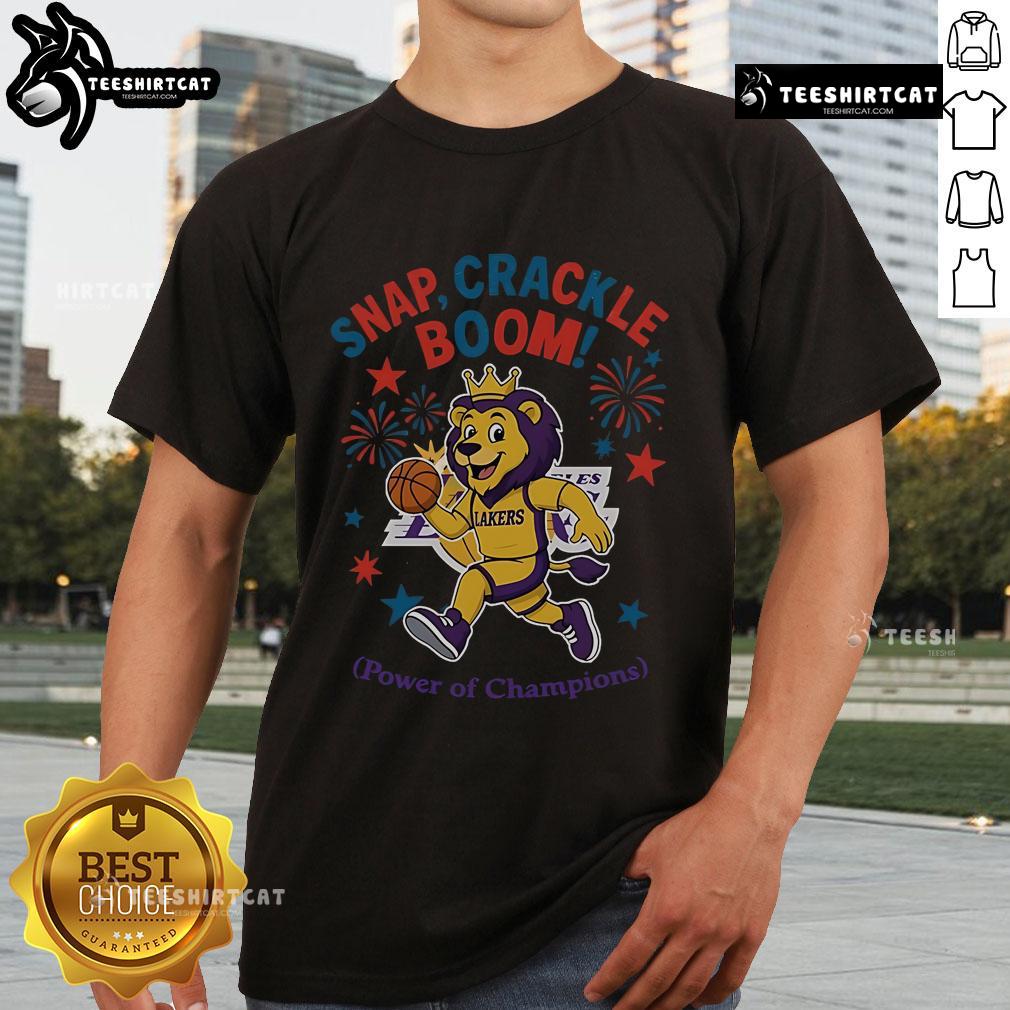 Alt Text: Official Los Angeles Lakers Snap Crackle Boom T-Shirt featuring vibrant design for Independence Day celebrations.