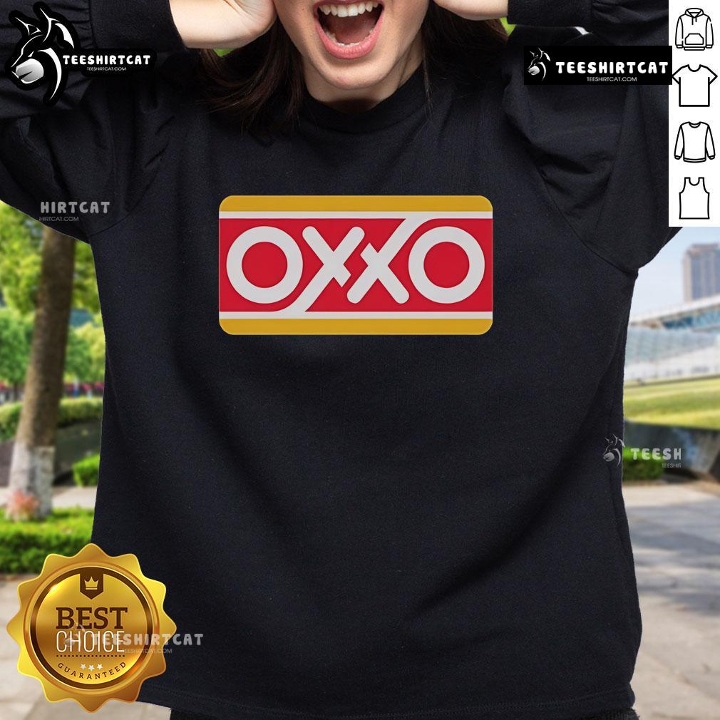 Official Mexico Oxxo gasoline station signs featured on a cozy Mexican convenience sweatshirt design.
