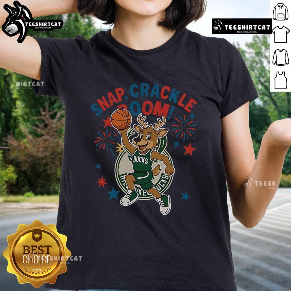 Official Milwaukee Bucks Snap Crackle Boom Independence Day Ladies Tee showcasing team pride and festive spirit.