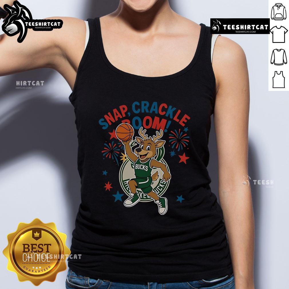 Official Milwaukee Bucks Snap Crackle Boom Independence Day tank top featuring team colors and logo, perfect for summer wear.