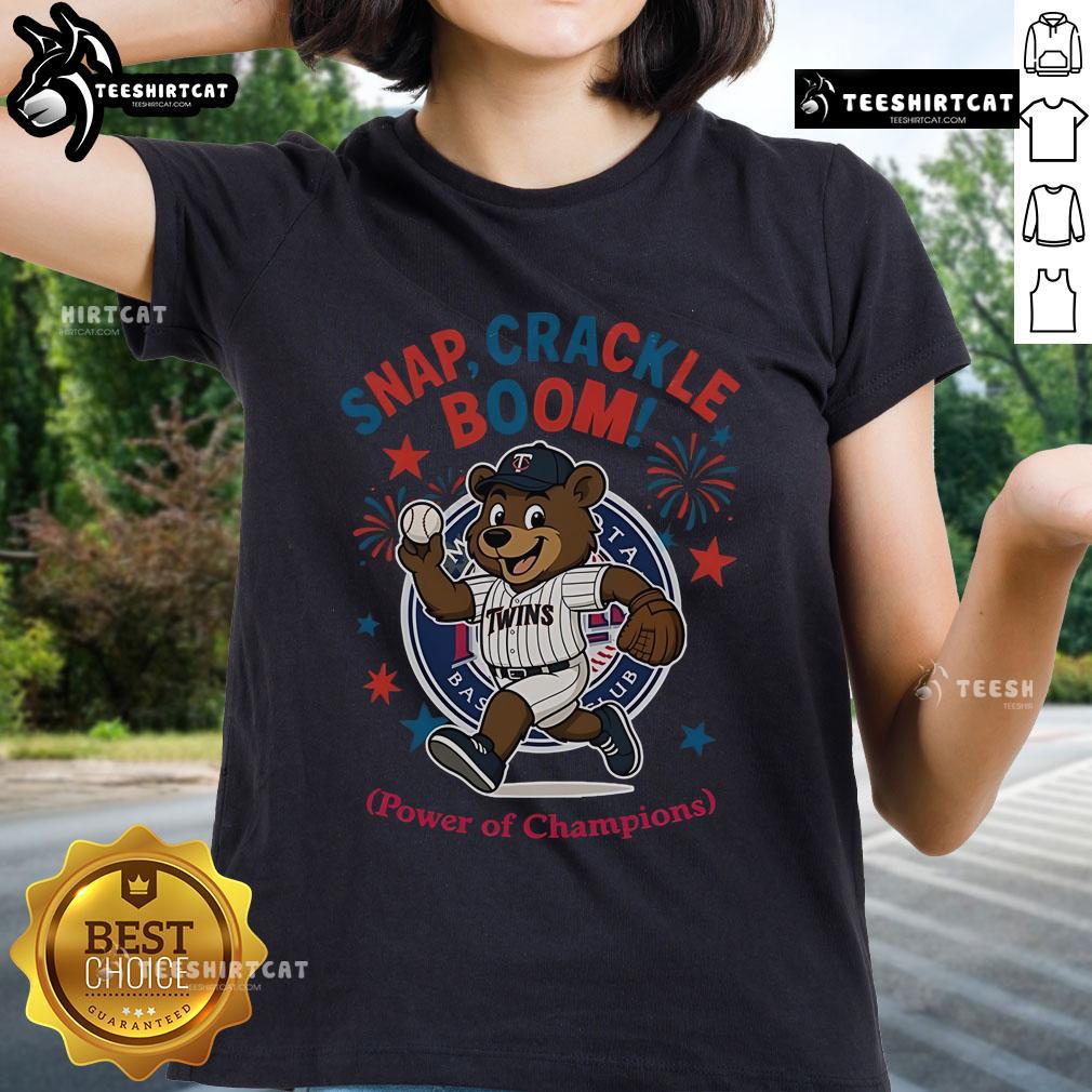 Alt Text: Official Minnesota Twins Snap Crackle Boom Independence Day Ladies Tee, celebrating champions in stylish red, white, and blue.