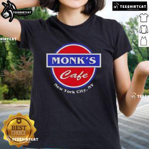Alt Text: Official Monks Cafe Ladies Tee featuring a stylish design, perfect for fans in New York City, NY.