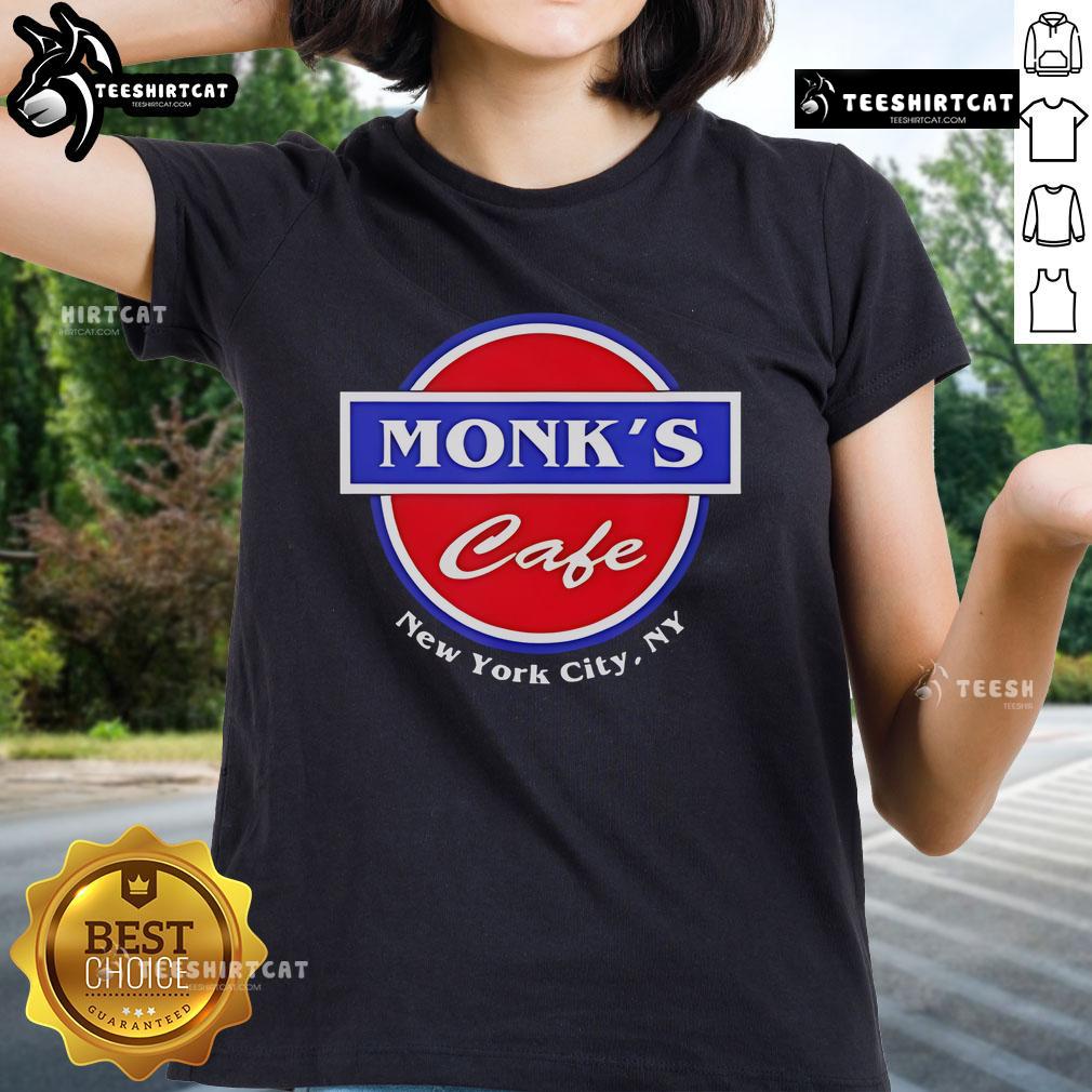 Alt Text: Official Monks Cafe Ladies Tee featuring a stylish design, perfect for fans in New York City, NY.