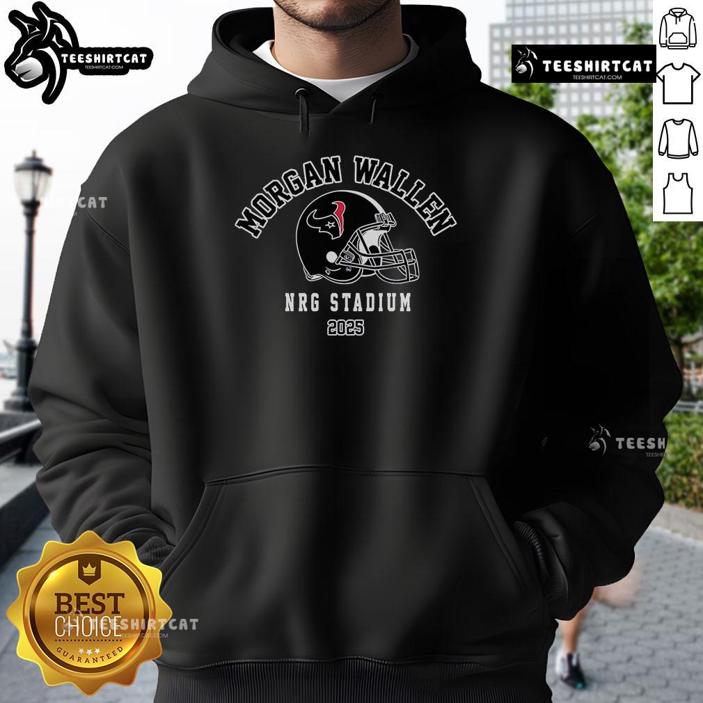Alt Text: Official Morgan Wallen x Houston Texans hoodie at NRG Stadium for the 2025 tour, showcasing team and artist collaboration.