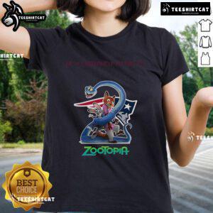 Official New England Patriots Zootopia 2 Ladies Tee featuring vibrant graphics, perfect for fans and stylish game day wear.
