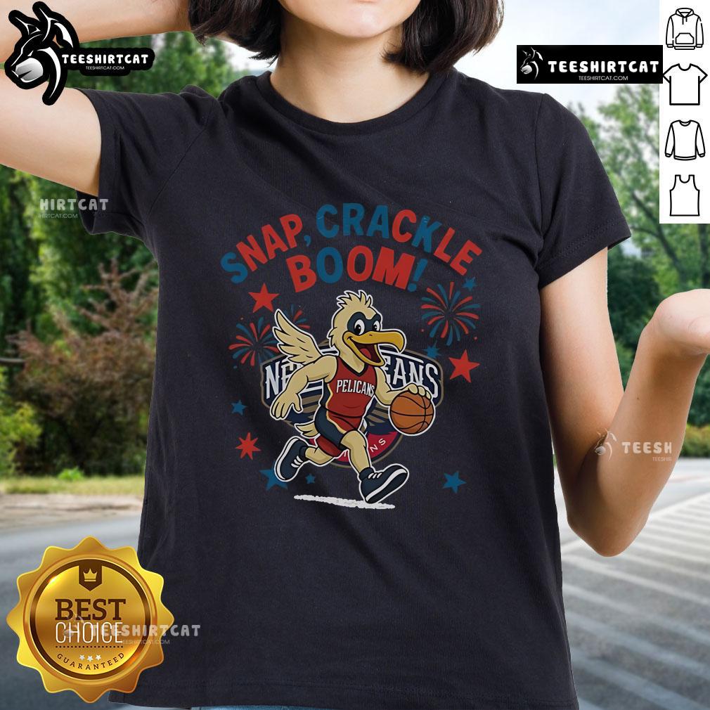 Official New Orleans Pelicans Snap Crackle Boom Independence Day Ladies Tee featuring team colors and festive design.