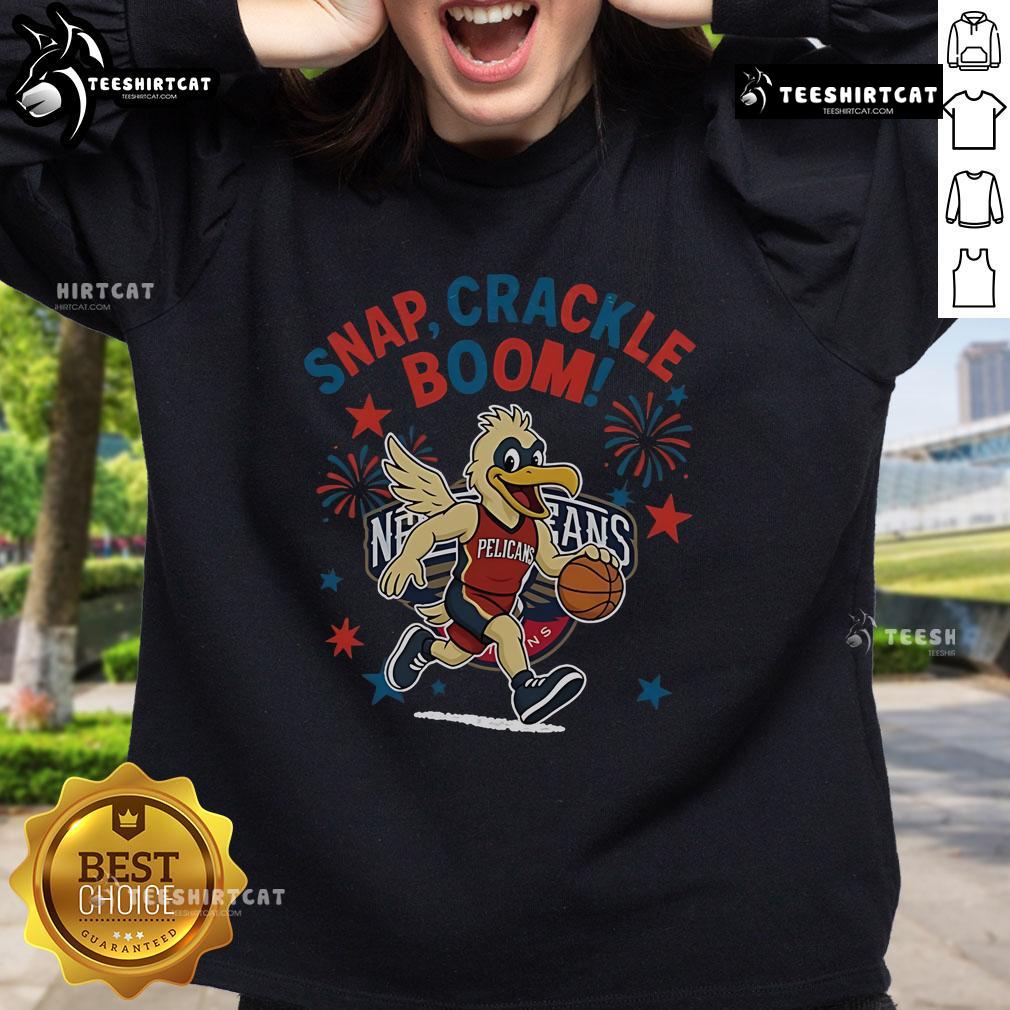 Official New Orleans Pelicans Snap Crackle Boom sweatshirt for Independence Day, showcasing team spirit and festive design.