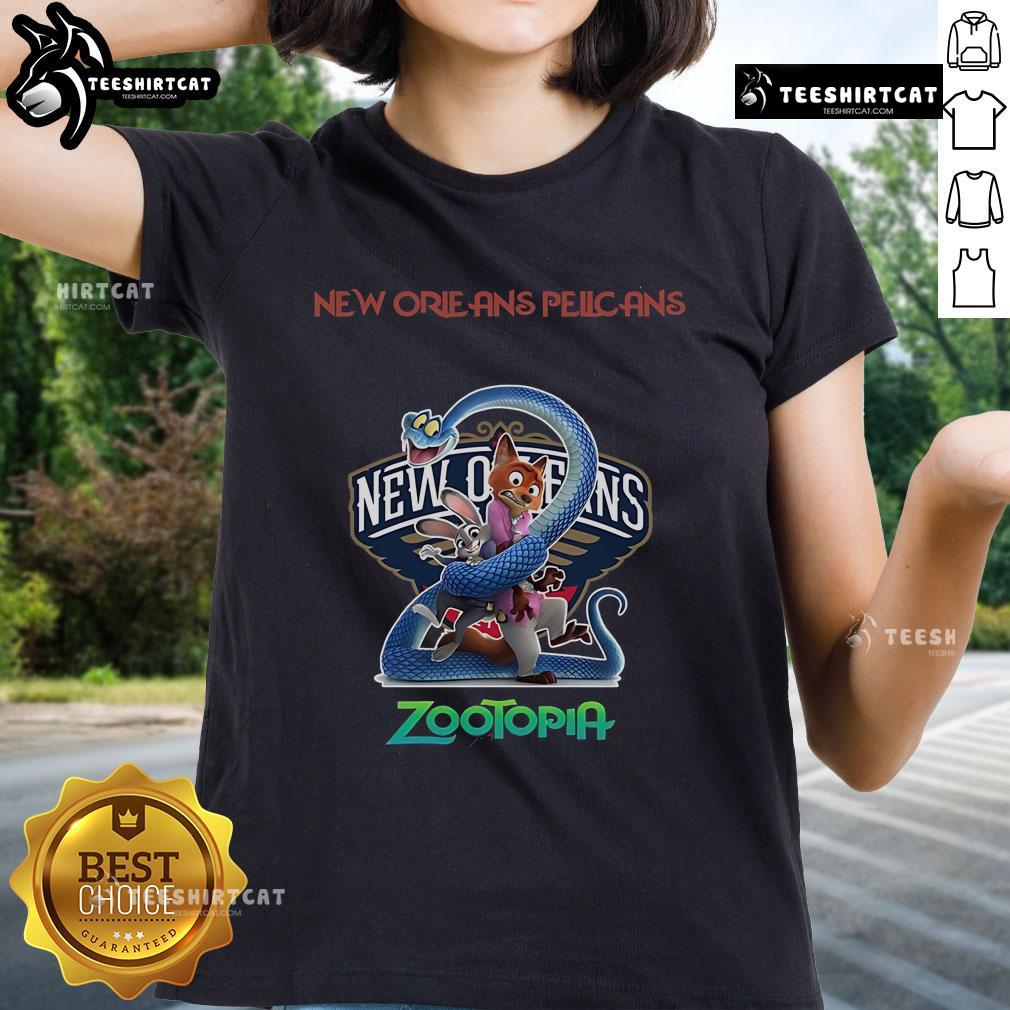 Official New Orleans Pelicans Zootopia 2 Ladies Tee featuring vibrant design and comfortable fit for fans.