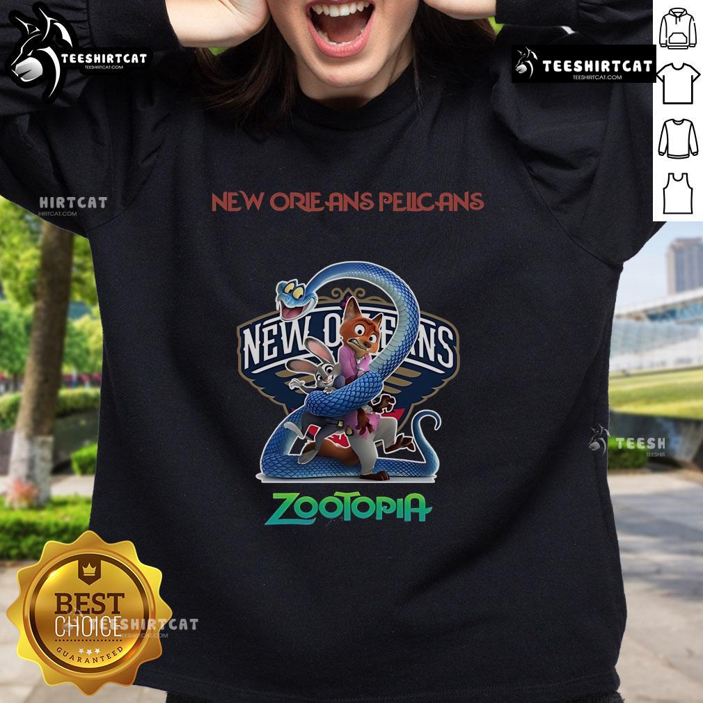 Official New Orleans Pelicans Zootopia 2 sweatshirt featuring vibrant graphics and team logo, perfect for fans.