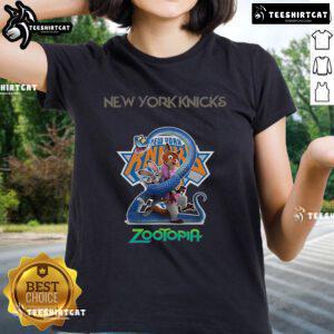 Alt Text: Official New York Knicks Zootopia 2 Ladies Tee featuring vibrant graphics and comfortable fit for fans.