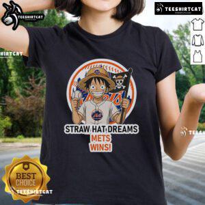 Official New York Mets Monkey D. Luffy Straw Hat Dreams Wins Ladies Tee featuring vibrant graphics and a stylish design.