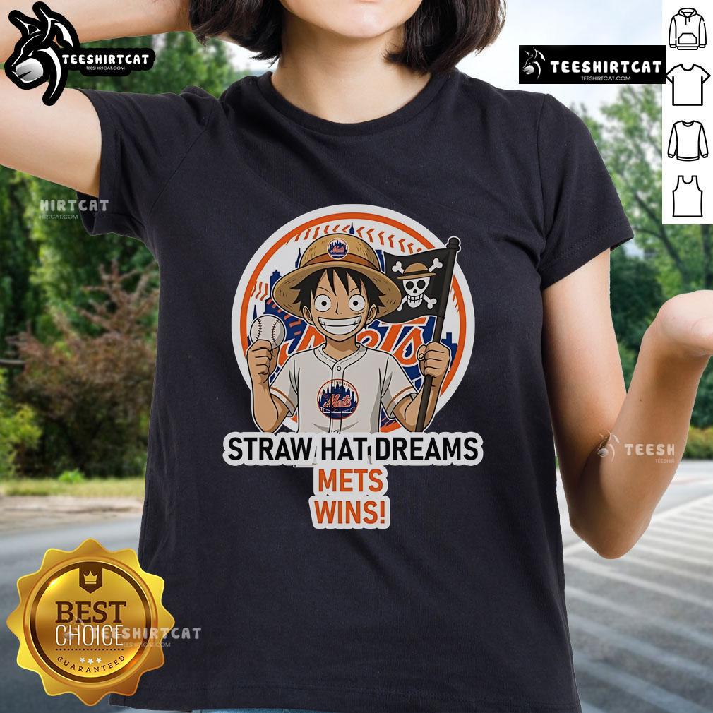 Official New York Mets Monkey D. Luffy Straw Hat Dreams Wins Ladies Tee featuring vibrant graphics and a stylish design.