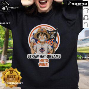 Official New York Mets Monkey D. Luffy Straw Hat Dreams Wins Sweatshirt featuring vibrant colors and unique design.