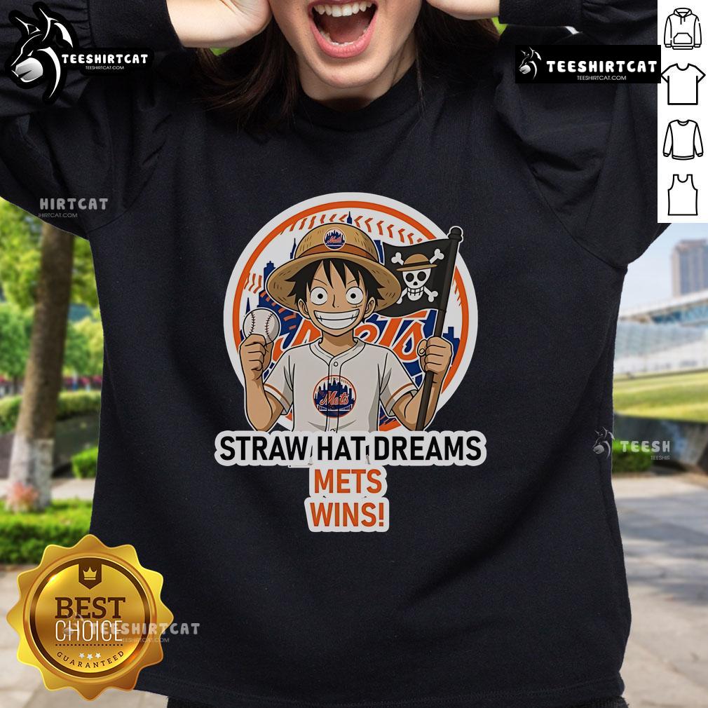 Official New York Mets Monkey D. Luffy Straw Hat Dreams Wins Sweatshirt featuring vibrant colors and unique design.
