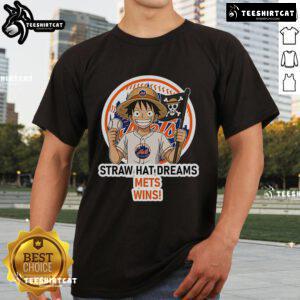 Official New York Mets Monkey D. Luffy Straw Hat Dreams Wins T-Shirt featuring vibrant graphics and team colors.