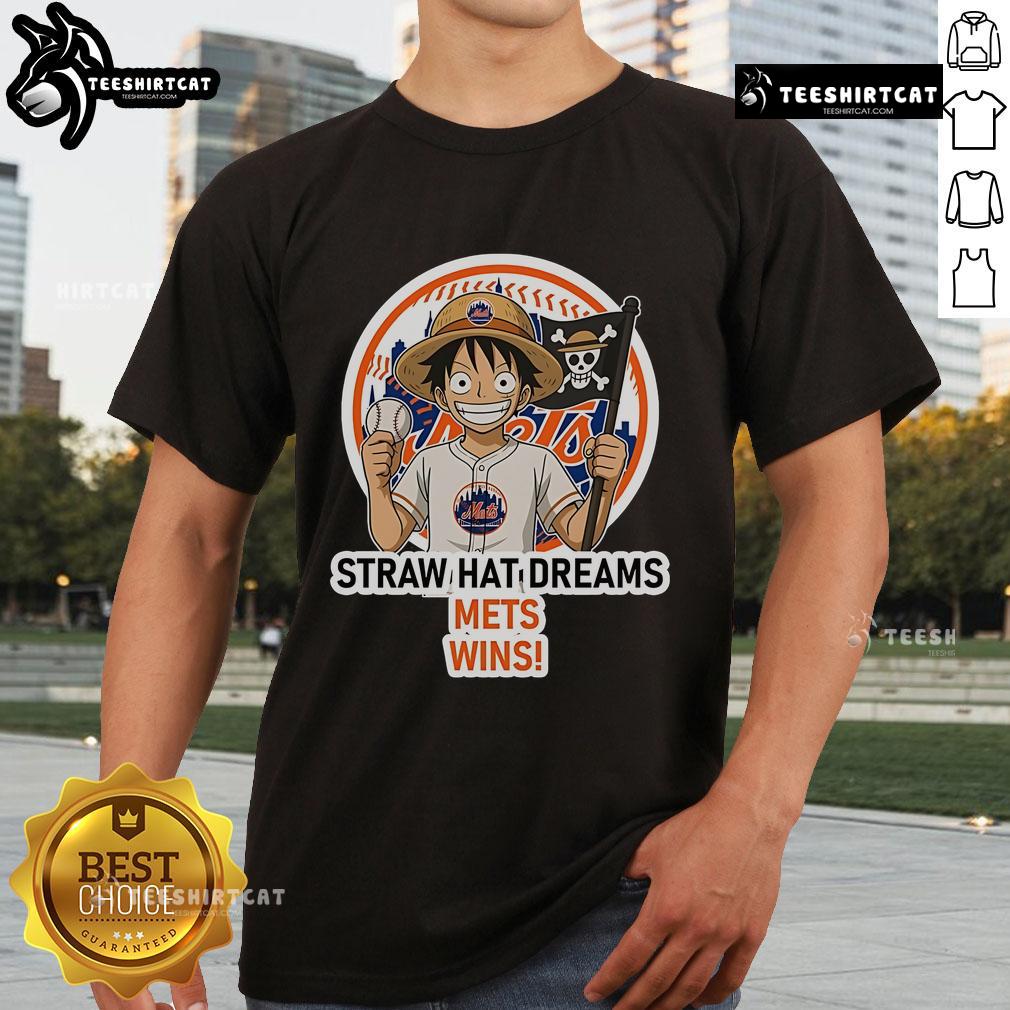 Official New York Mets Monkey D. Luffy Straw Hat Dreams Wins T-Shirt featuring vibrant graphics and team colors.