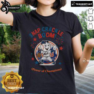 Alt Text: Official New York Mets Snap Crackle Boom Power of Champions Independence Day Ladies Tee in vibrant colors.