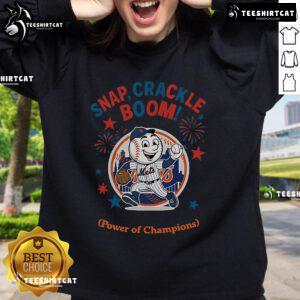 Official New York Mets Snap Crackle Boom sweatshirt celebrating Independence Day with vibrant team colors and logo.