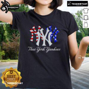 Official New York Yankees red, white, and blue ladies tee featuring team logo and stylish design for fans.